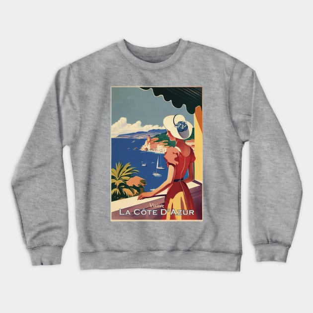 Cote D'Azur Vintage Travel Poster Crewneck Sweatshirt by GreenMary Design